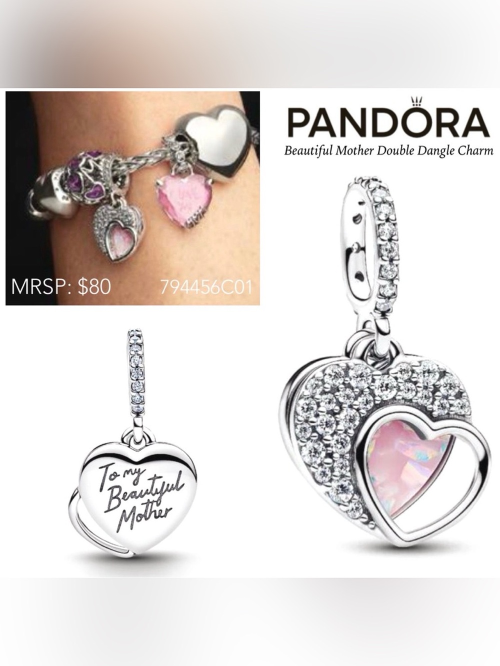PANDORA Beautiful Mother Double Dangle Charm w/box